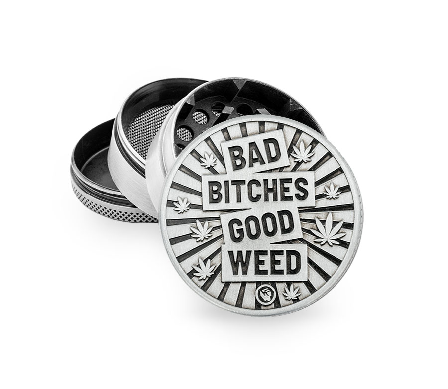 Metal Grinder - 50mm - 4 Layers - Silver - Bad Bitches Good Weed - Display - 4 Stück