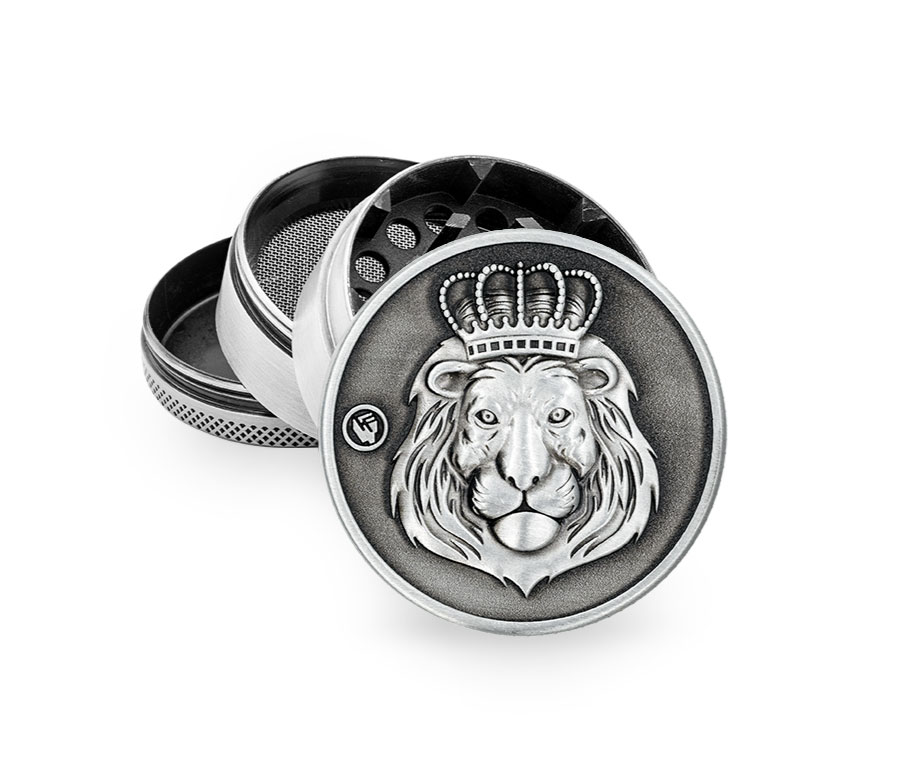 Metal Grinder - 50mm - 4 Layers - Silver - Rasta Lion - Display - 4 Stück