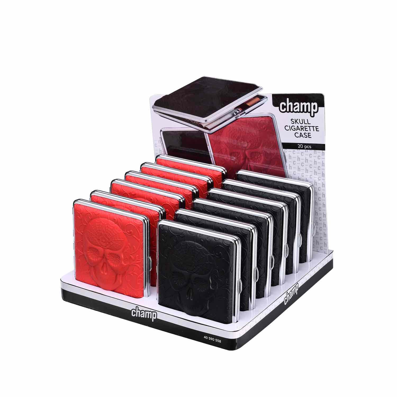 20er Zigarettenetui - 3D Totenkopf schwarz/rot - Display - 12 Stück