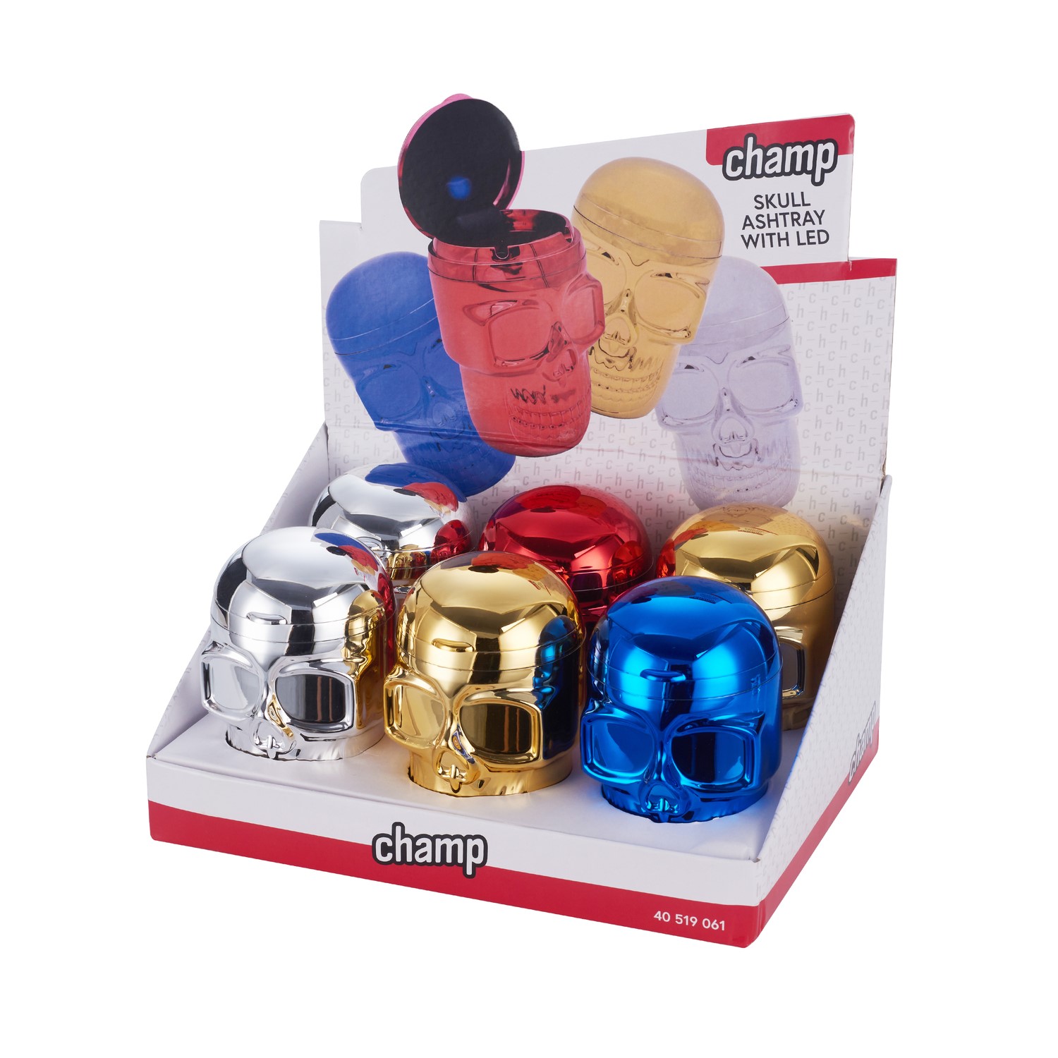 Metallic Skull Auto Aschenbecher mit LED Beleuchtung - Display - 6 Stück