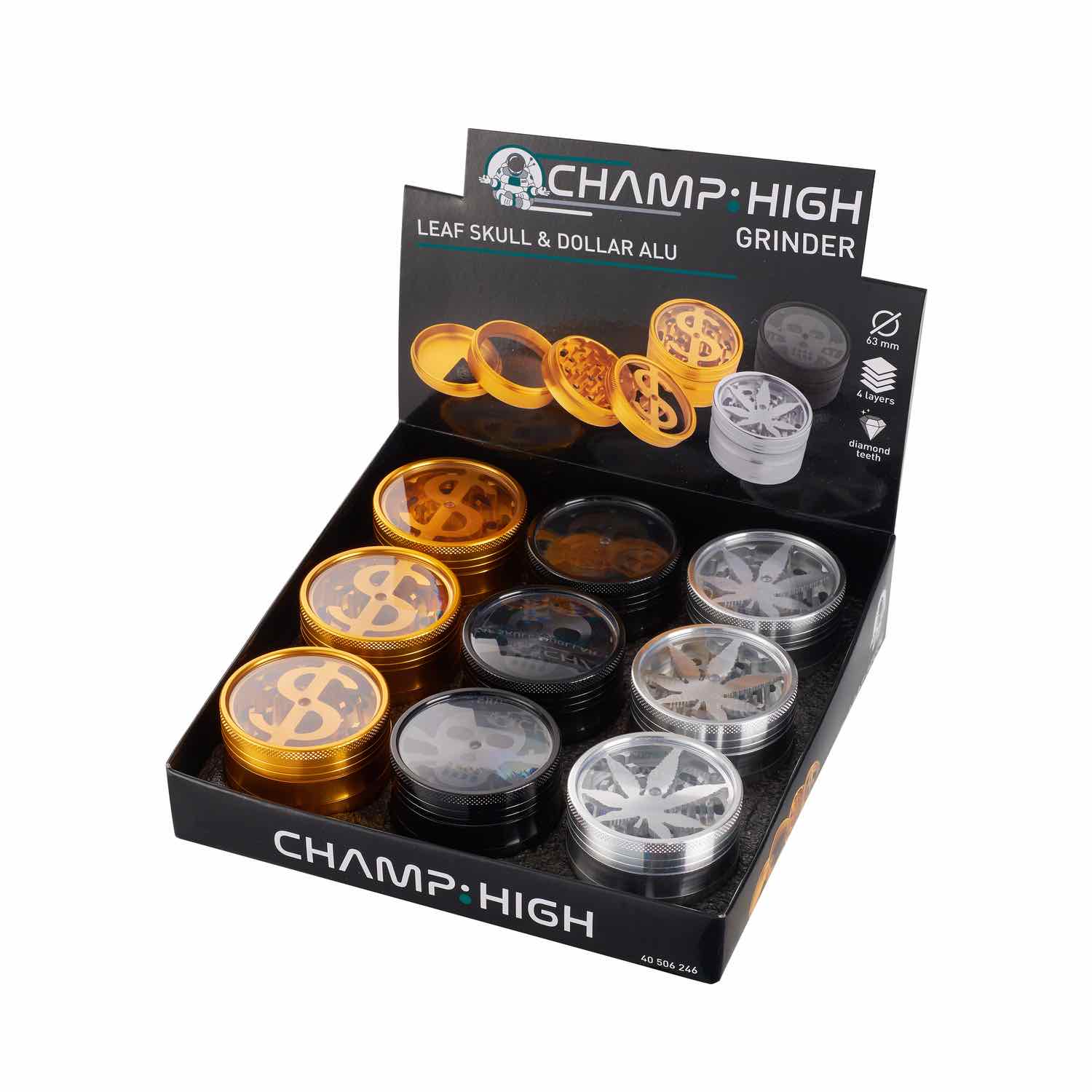 Champ High - Grinder Dollar / Skull / Hemp Leaf - 63mm - 4 Layers - Display - 9 Stück