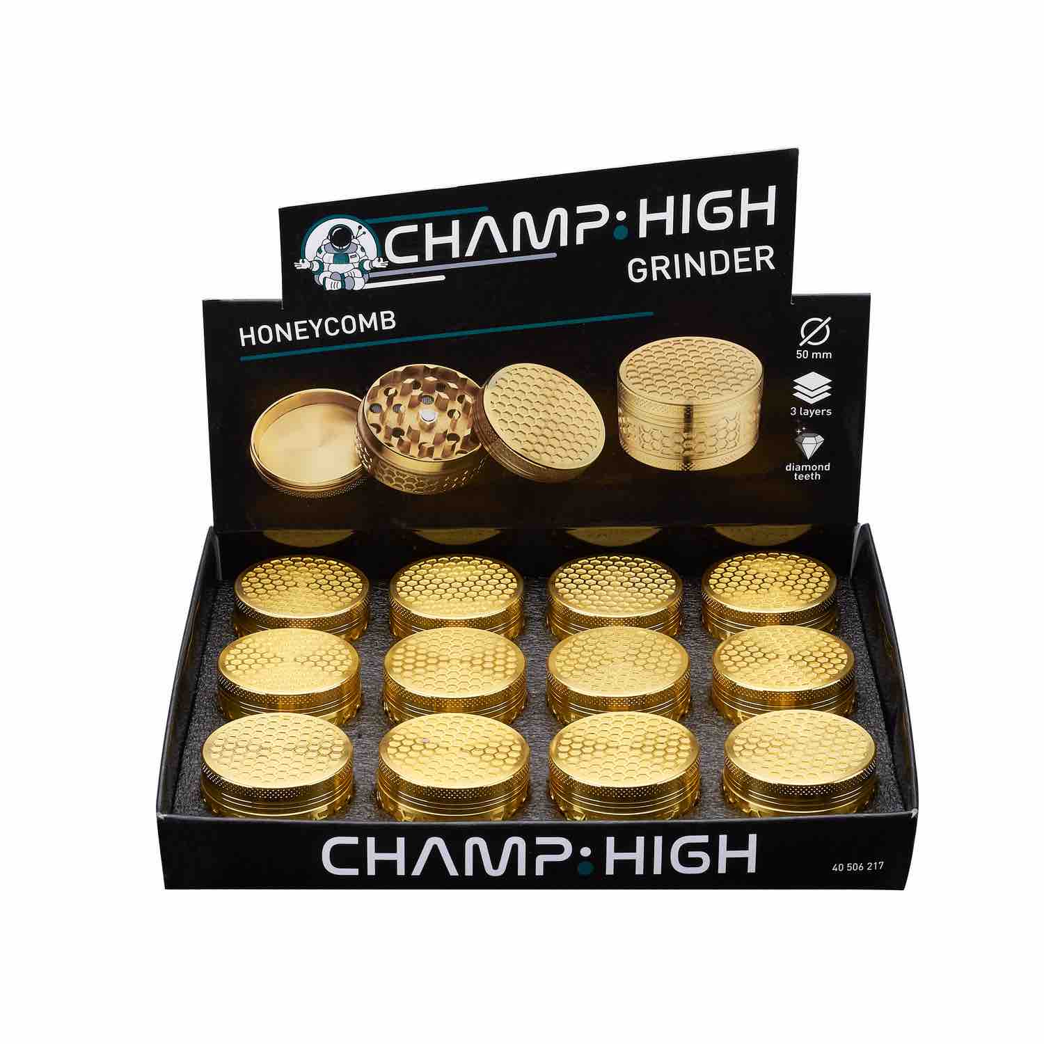 Champ High - Grinder Golden Honeycomb - 50mm - 3 Layers - Display - 12 Stück