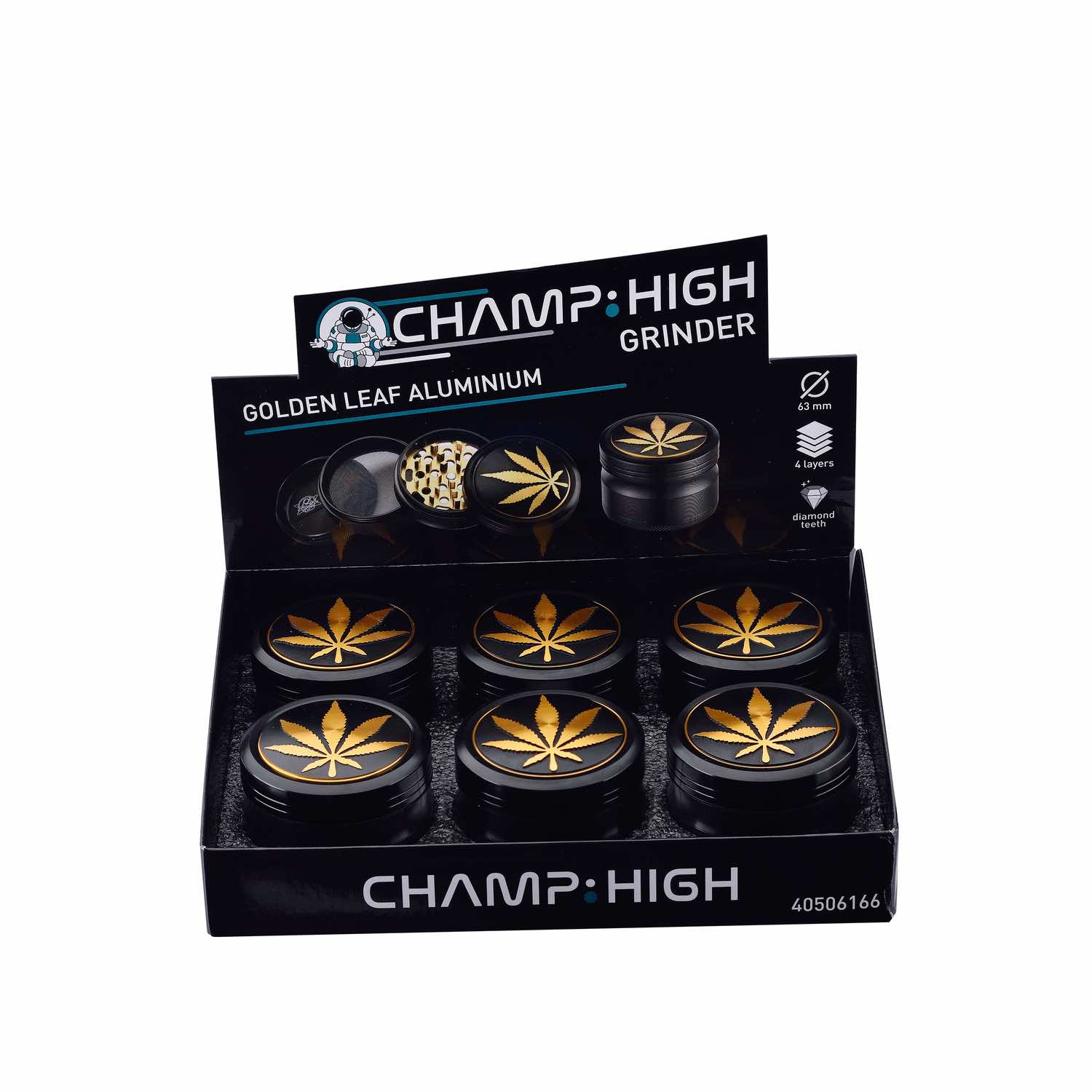 Champ High - Grinder Golden Leaf - 63mm - 4 Layers - Display - 6 Stück