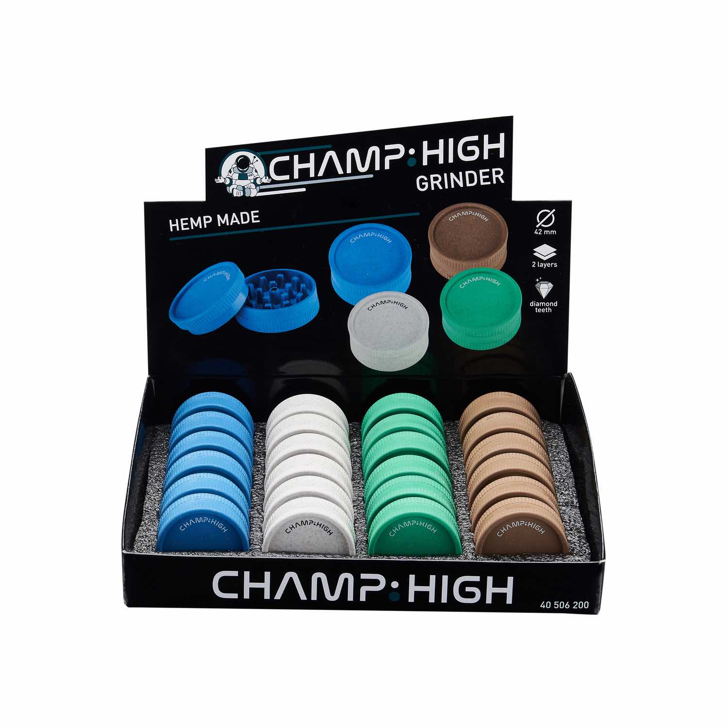 Champ High - Hemp Plastic Grinder - 42mm - 2 Layers - Display - 24 Stück