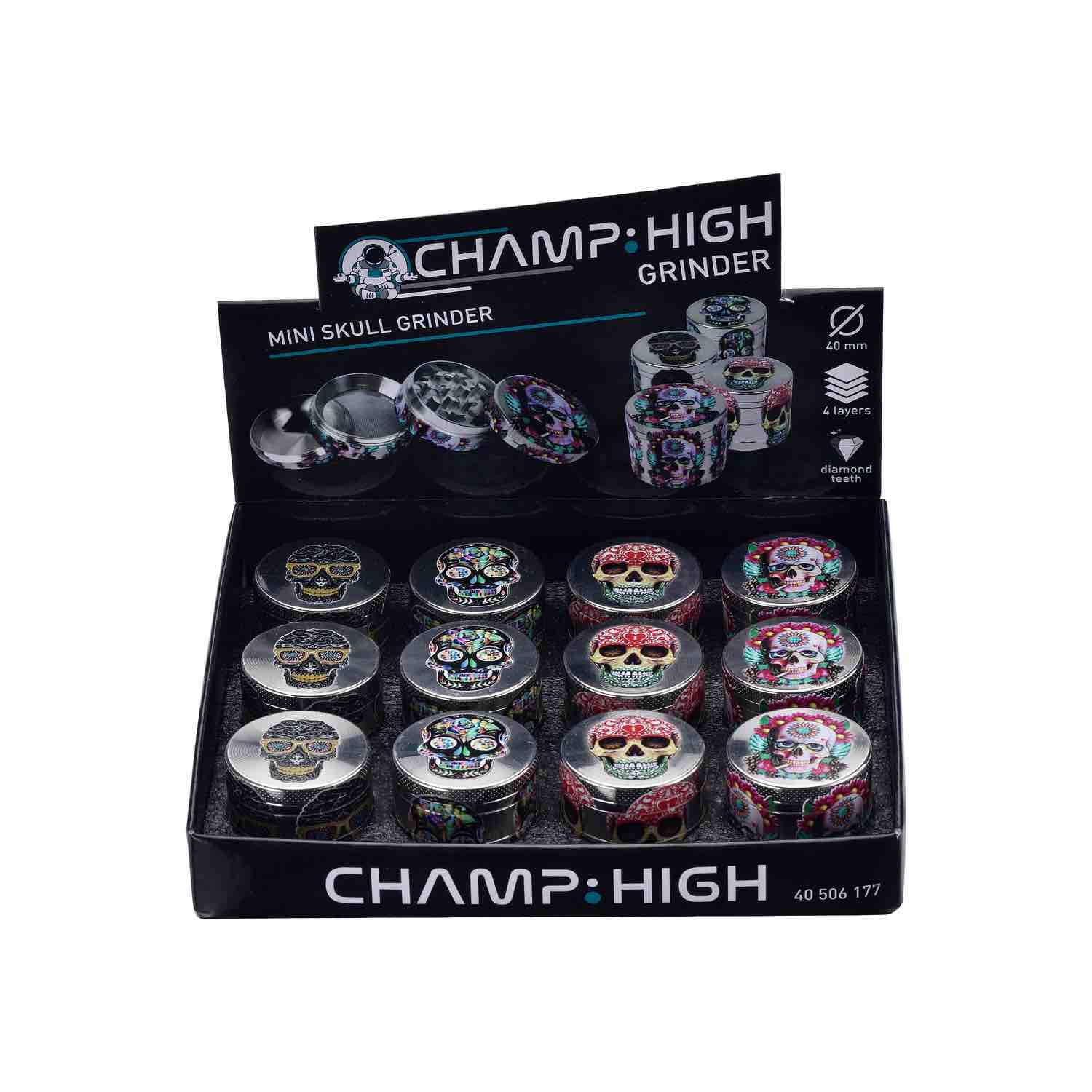 Champ High - Grinder Mini Skull - 40mm - 4 Layers - Display - 12 Stück