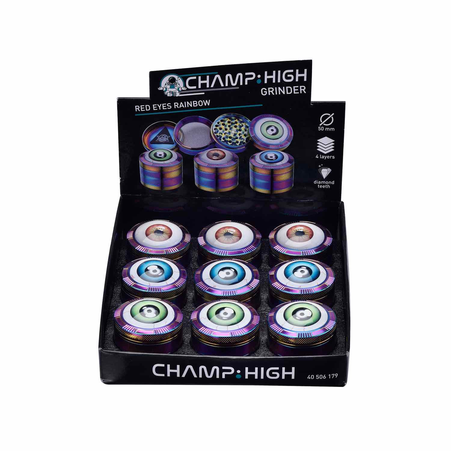 Champ High - Grinder Red Eyes Rainbow - 50mm - 4 Layers - Display - 9 Stück