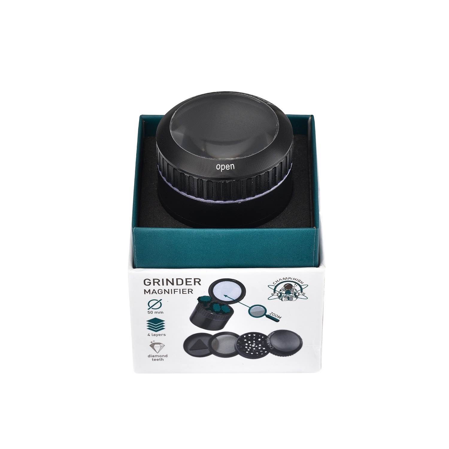 Champ High - Grinder Magnifier Black mit Lupe und Staufach - 50mm - 4 Layers
