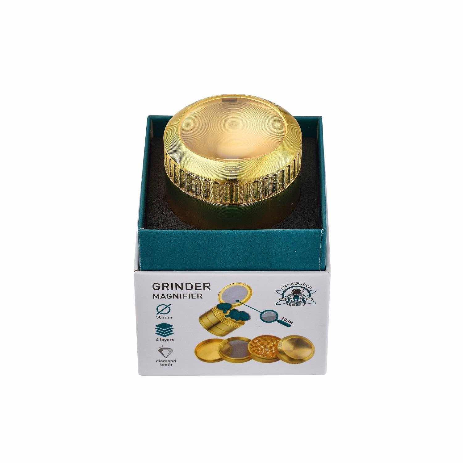 Champ High - Grinder Magnifier Gold mit Lupe und Staufach - 50mm - 4 Layers