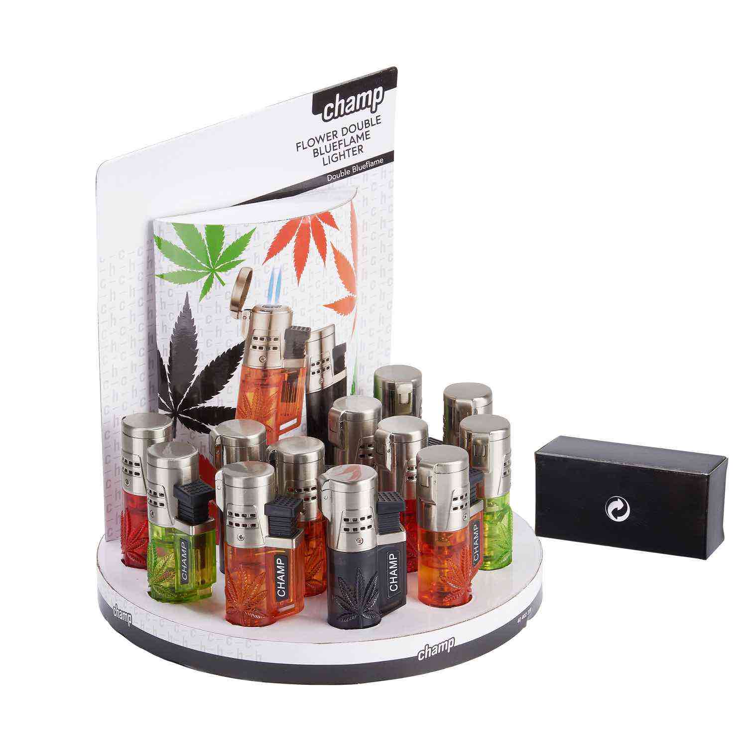 Champ - Hemp Leaf Feuerzeug mit 2 blauen Flammen - Display - 12 Stück