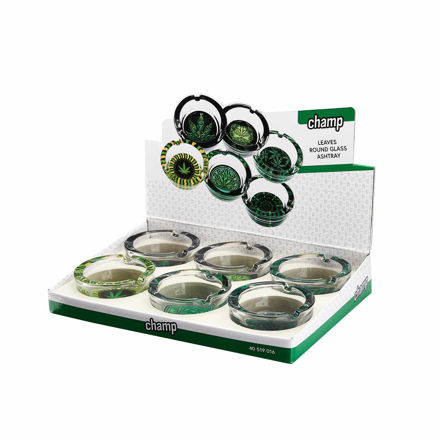 Hemp Leaves Glas Aschenbecher rund - Display - 6 Stück