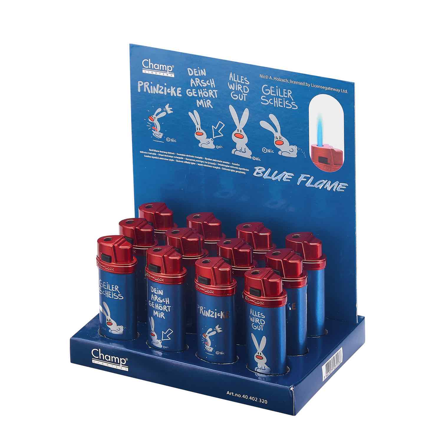 Champ - NIC - Feuerzeug - Funny Bunny mit blauer Flamme - Display - 12 Stück