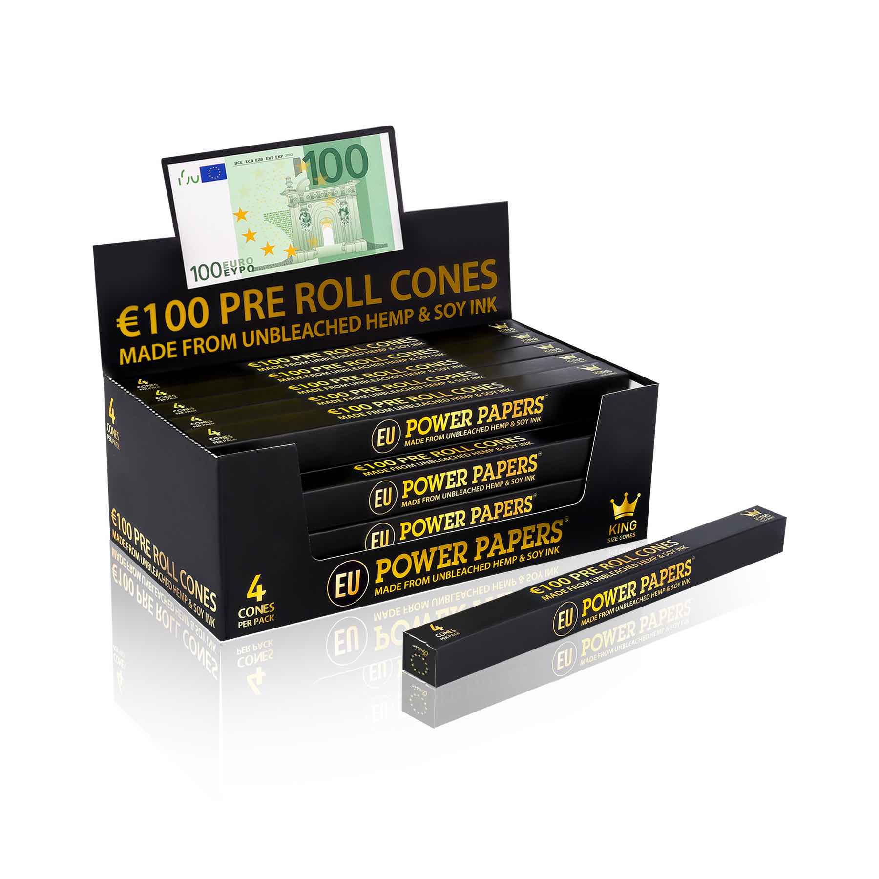 Power Papers 100 EURO - King Size Cones - Prerolled Joints - Box - 24 x 4 Stück