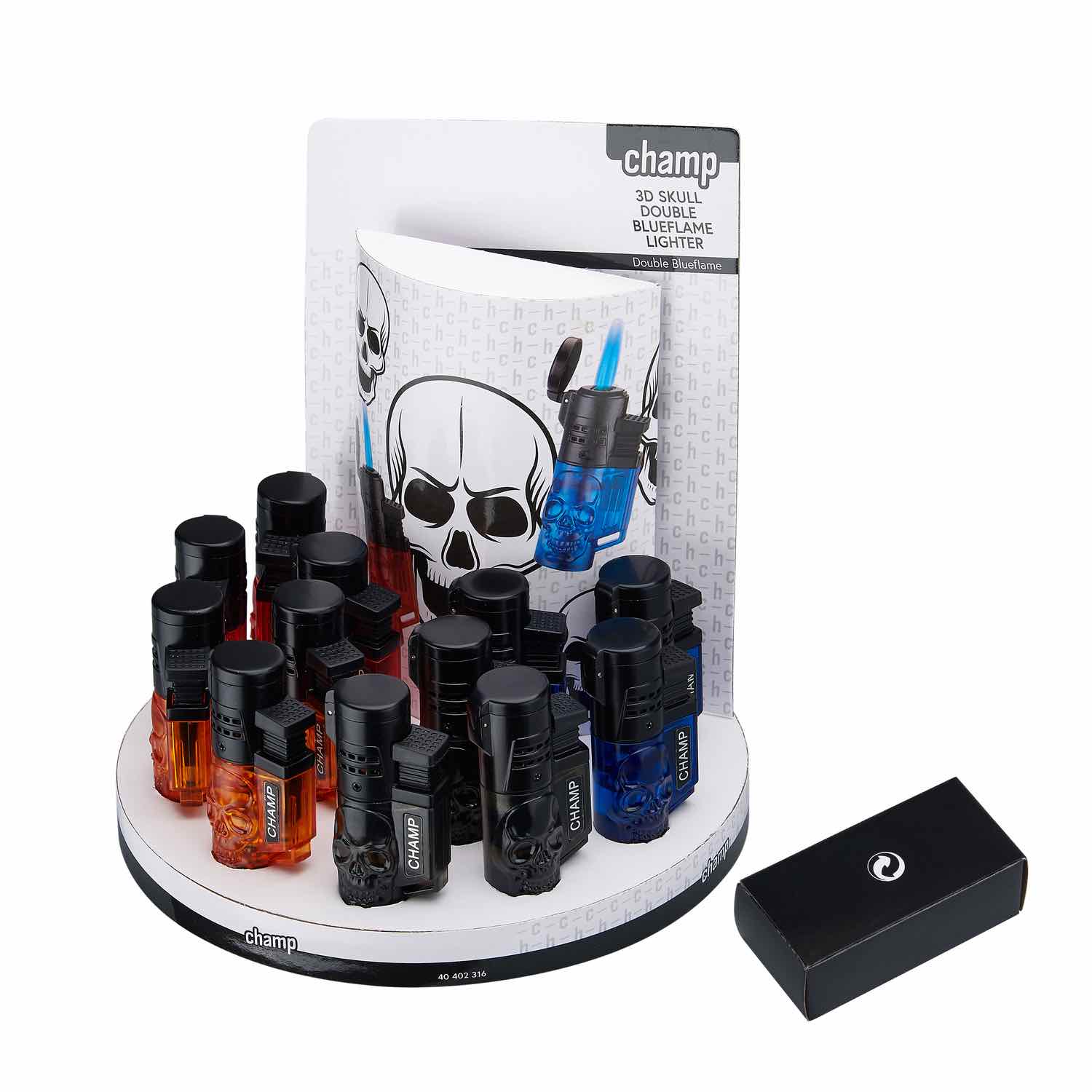 Champ - Skull Feuerzeug mit 2 blauen Flammen - Display - 12 Stück