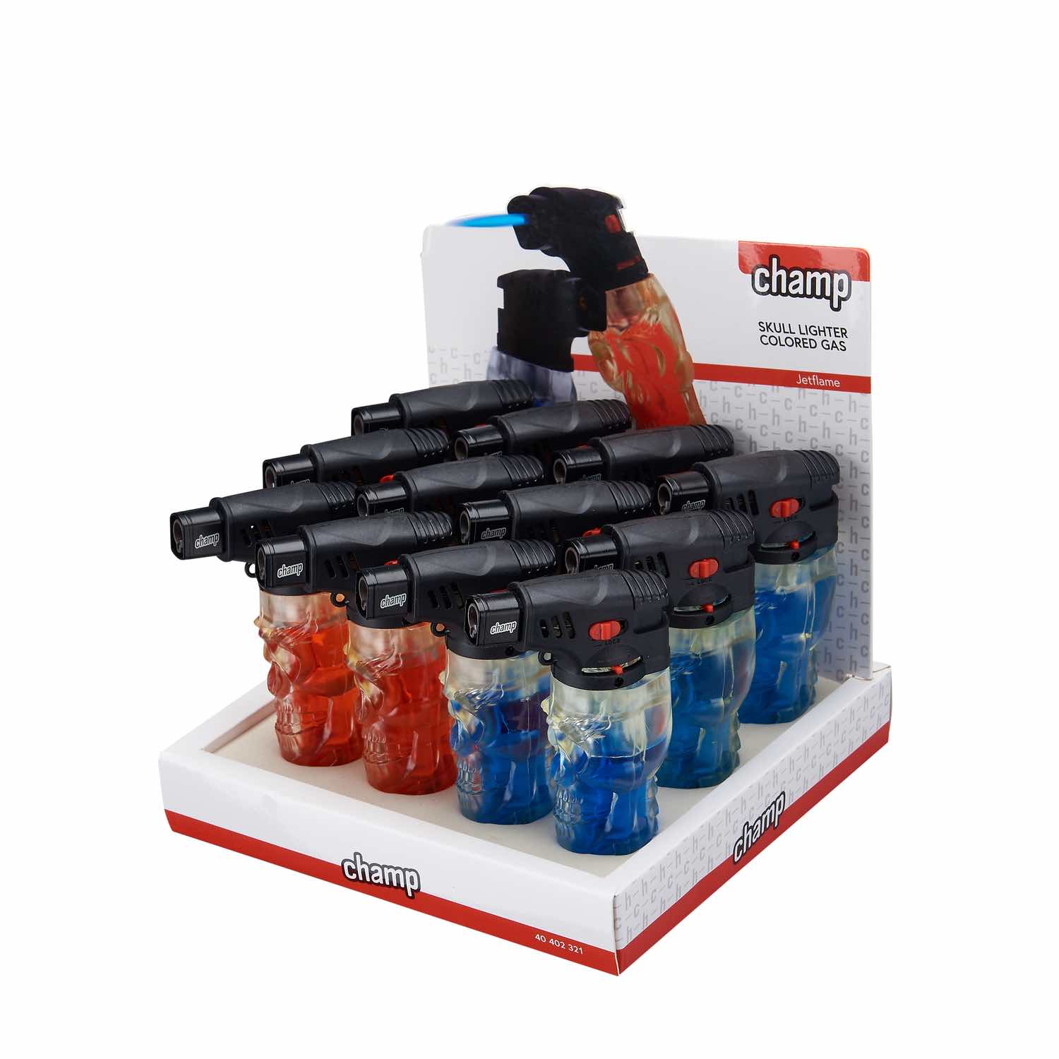 Champ - Skull Feuerzeug mit farbigem Gas Red/Blue - Display - 12 Stück