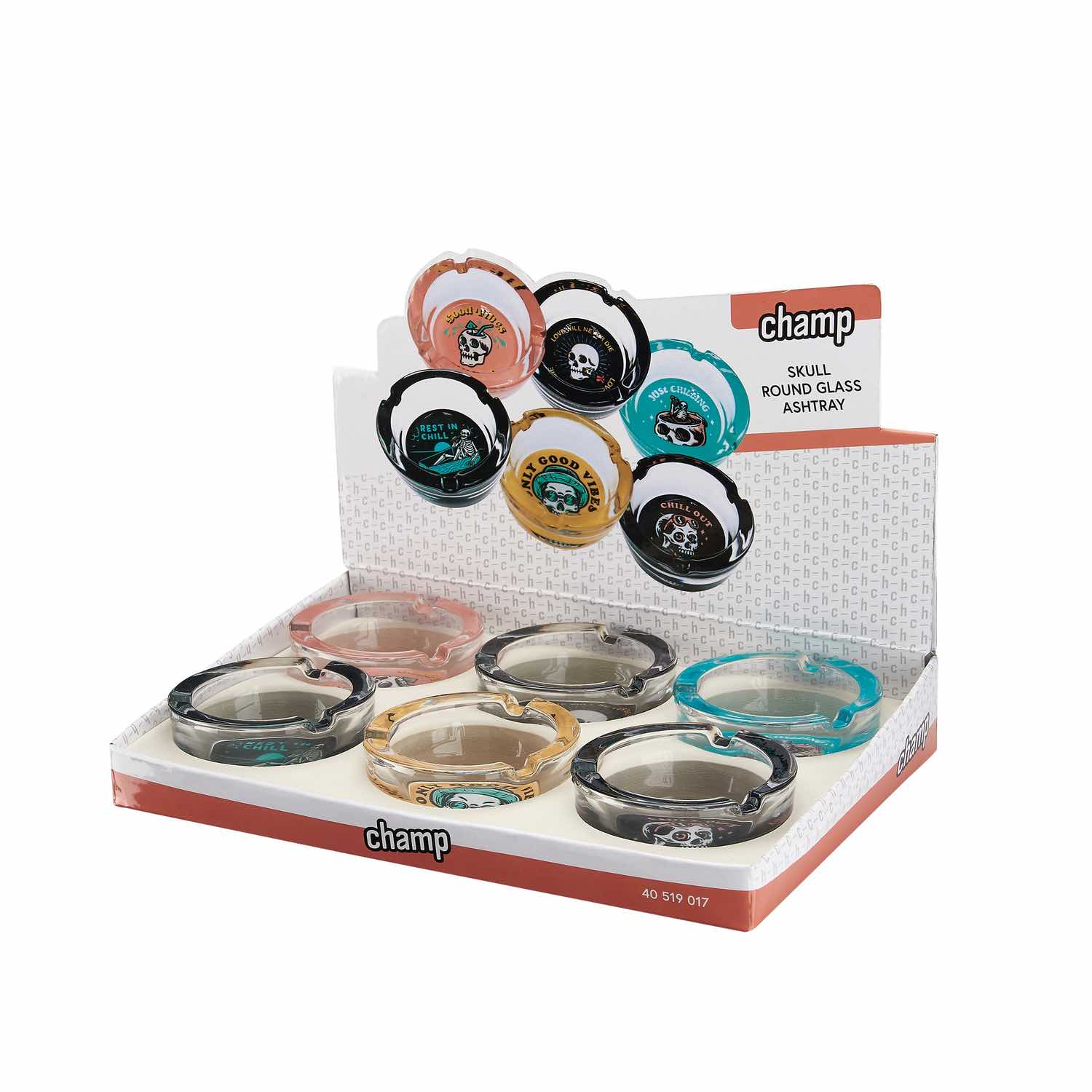 Skull Glas Aschenbecher rund - Display - 6 Stück
