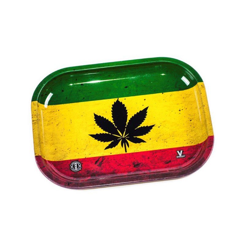V Syndicate - Metal Rolling Tray - 18 x 14cm - Rasta Leaf