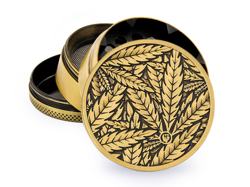 Metal Grinder - 50mm - 4 Layers - Gold - Leaves 33 - Display - 4 Stück Bild 2